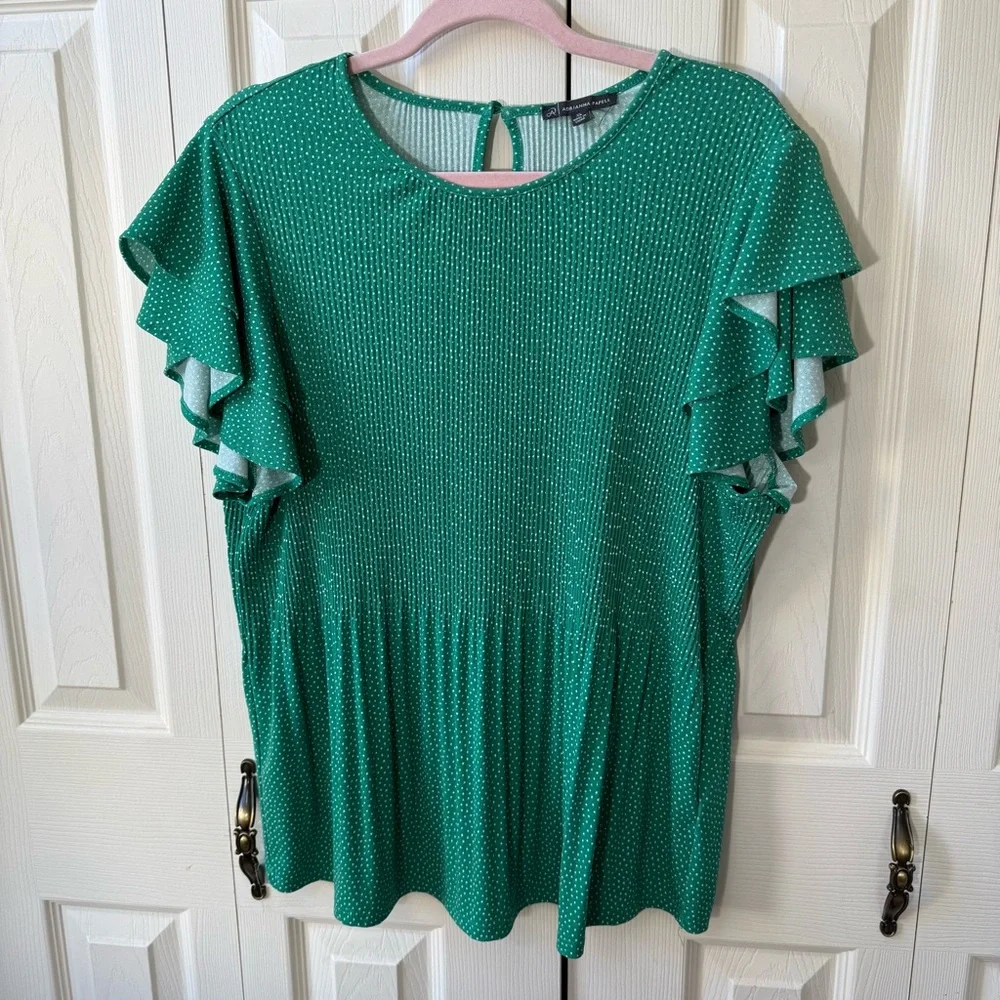 Adrian Papell Pleated Flutter Short Sleeve Polka Dot Shirt Womens Size XL